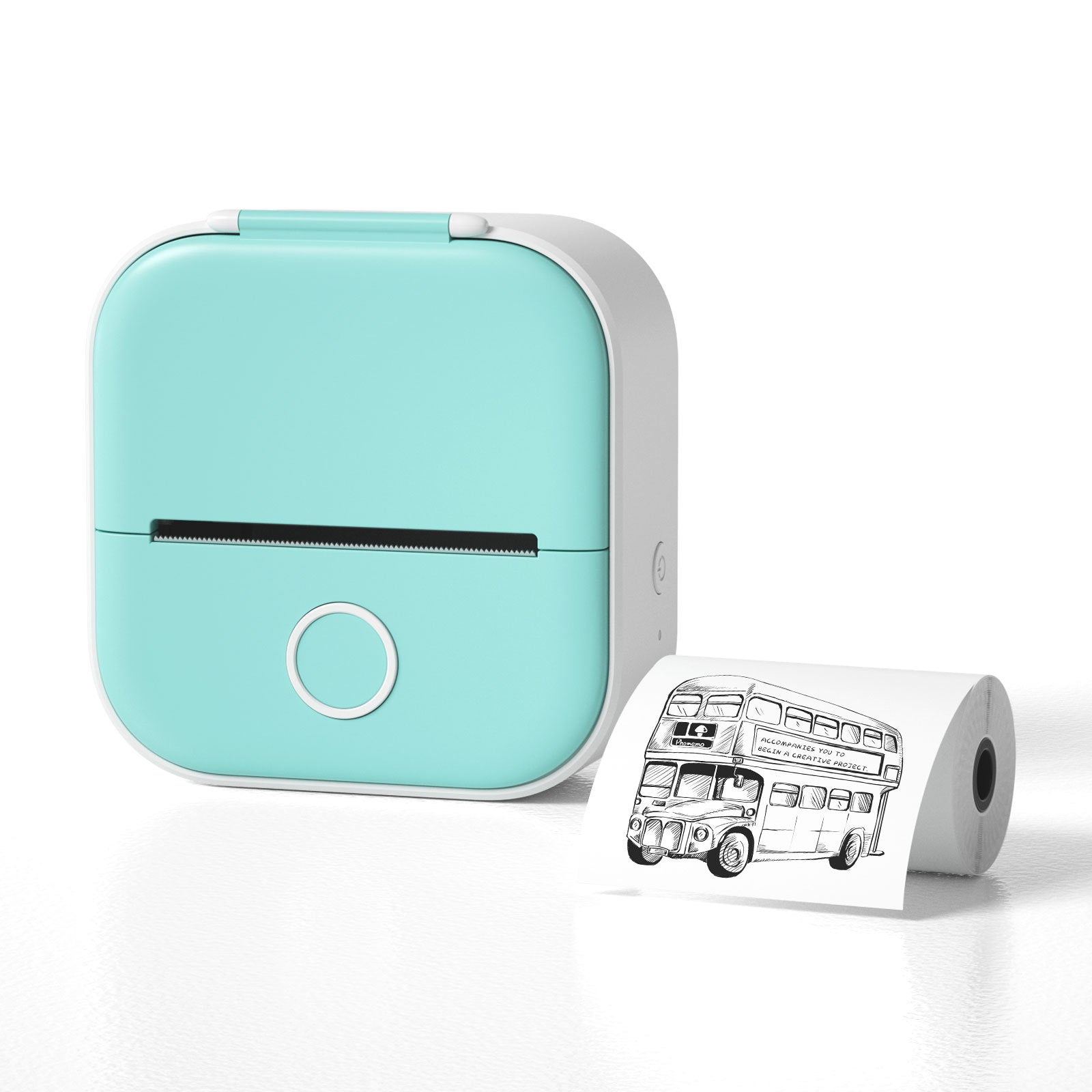 Shopi Vella portable mini thermal label printer in turquoise printing a black and white bus design