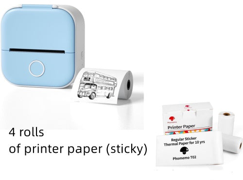Shopi Vella portable mini thermal label printer in blue with 4 rolls of sticky printer paper and thermal sticker paper