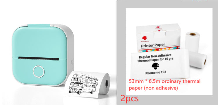 Portable mini thermal label printer in aqua blue with non-adhesive thermal paper rolls