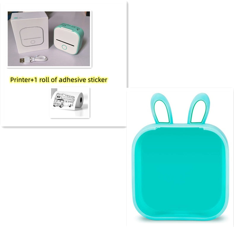 Shopi Vella portable mini thermal label printer in turquoise with USB cable and adhesive sticker roll