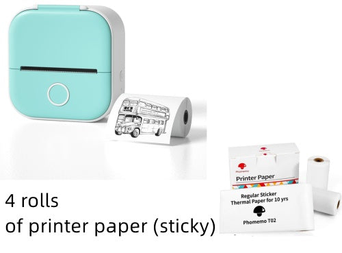 Shopi Vella portable mini thermal label printer in teal with 4 rolls of sticky printer paper