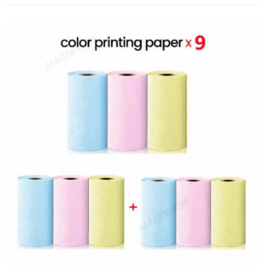 Set of nine rolls of color printing paper in blue pink and yellow for portable mini thermal label printer