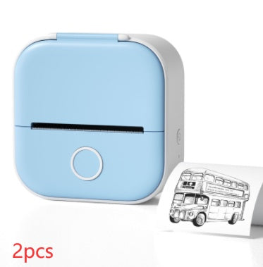 Shopi Vella portable mini thermal label printer in blue with printed black and white bus label