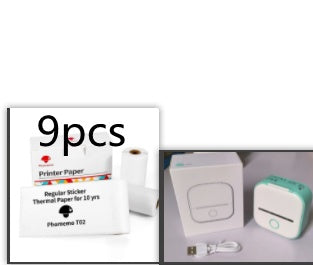 Shopi Vella portable mini thermal label printer with USB cable and a pack of 9 thermal printer paper rolls