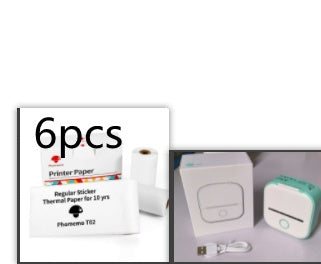 Shopi Vella portable mini thermal label printer with USB cable and six rolls of thermal printer paper