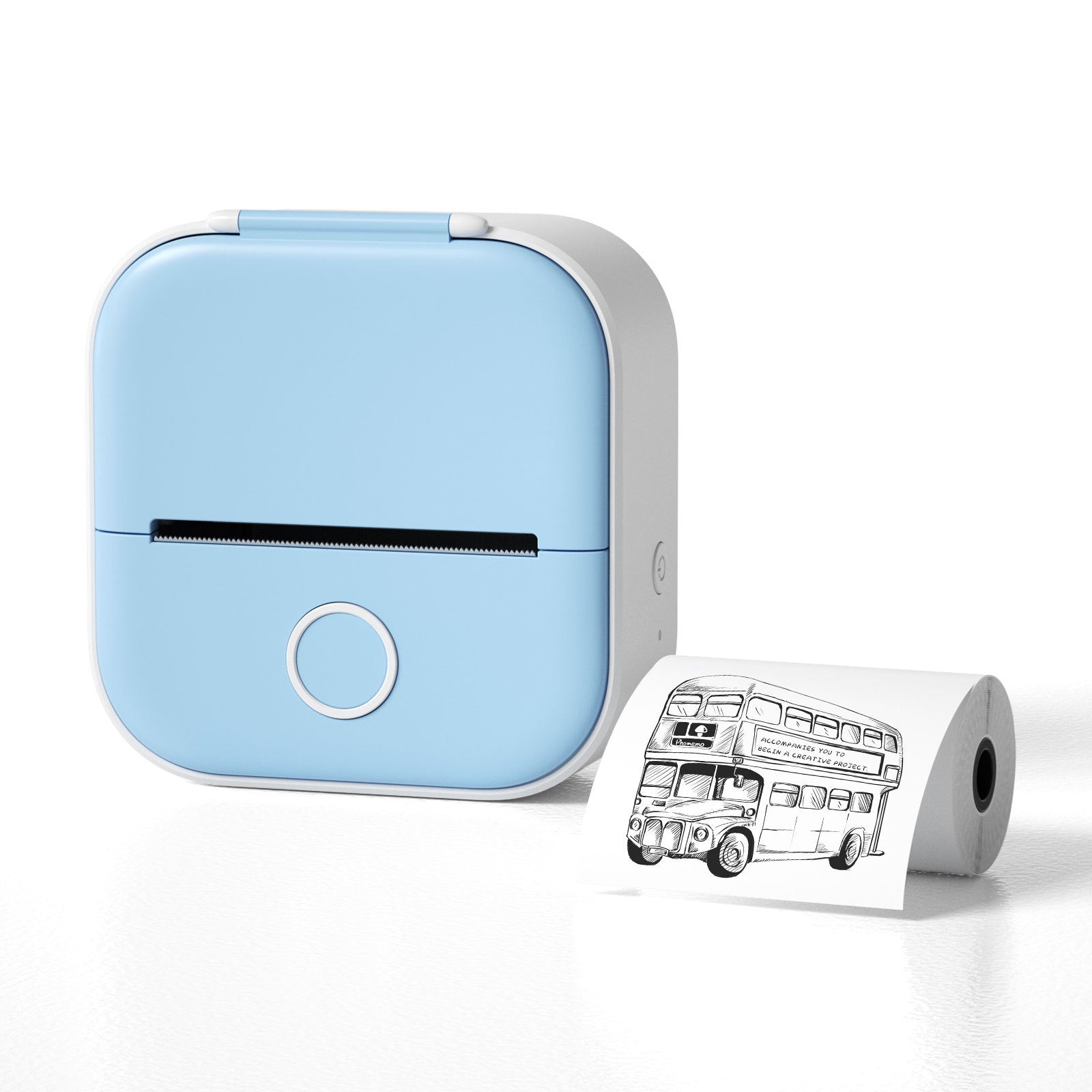 Shopi Vella portable mini thermal label printer in blue printing black and white bus illustration