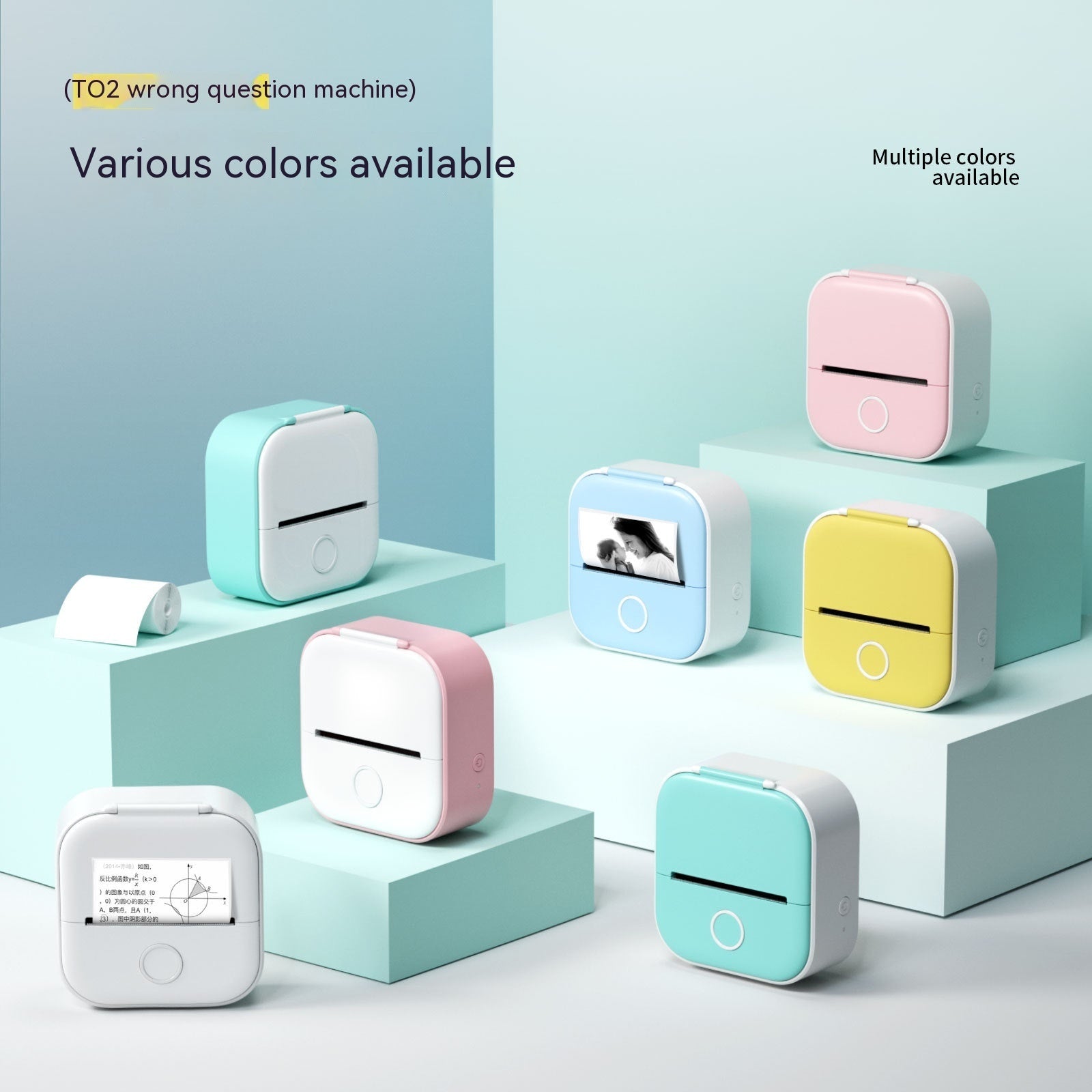 Shopi Vella portable mini thermal label printer in various colors including blue, pink, yellow, and white