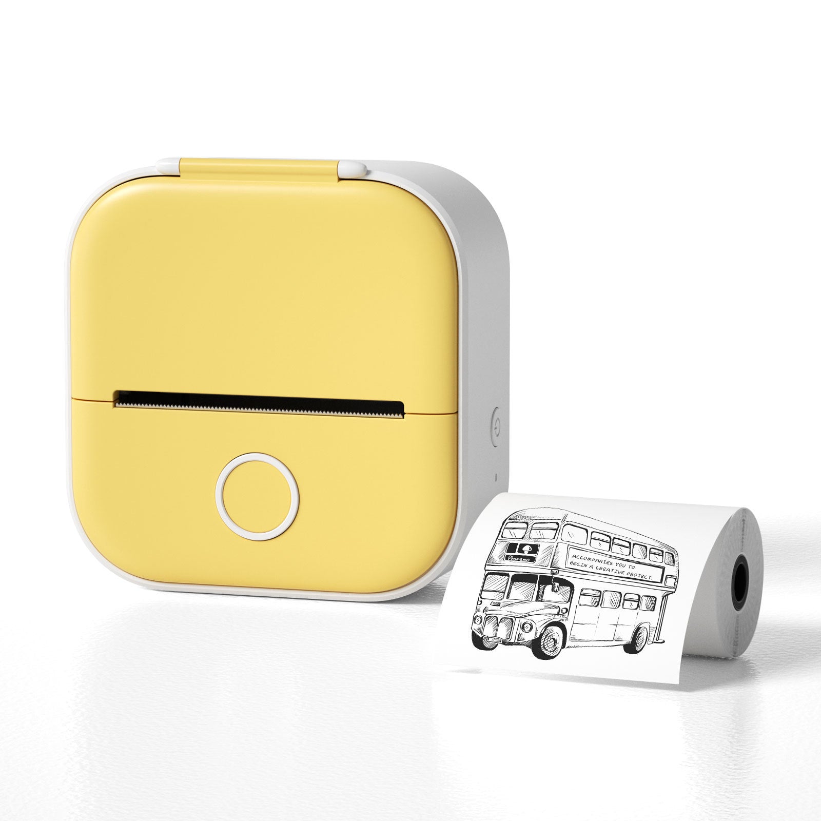 Shopi Vella yellow portable mini thermal label printer printing black and white bus illustration