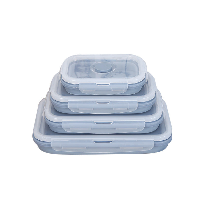 Set of four gray silicone lunch box storage containers with airtight lids stacked by size