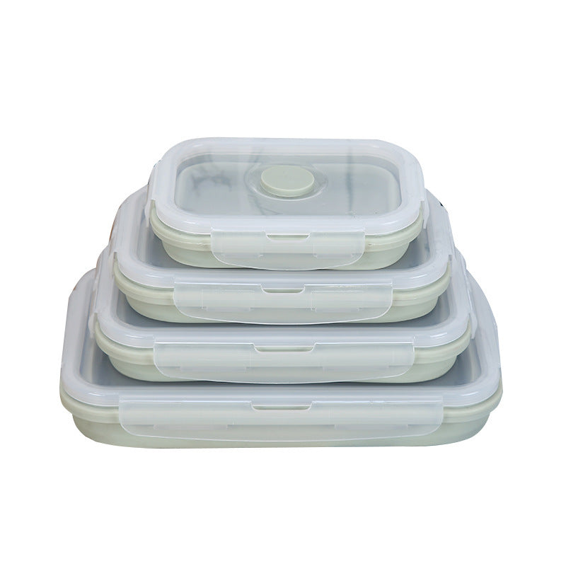 Stack of four translucent silicone lunch box storage containers with snap-on lids by Shopi Vella