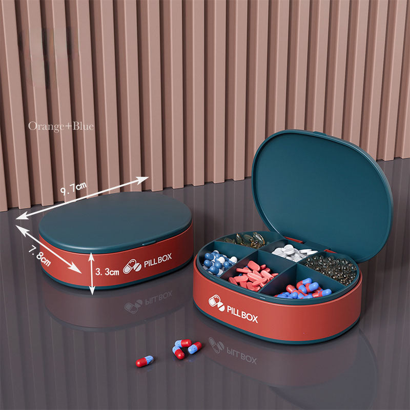 Shopi Vella portable weekly pill organizer in orange and blue with multiple compartments for daily medication storage