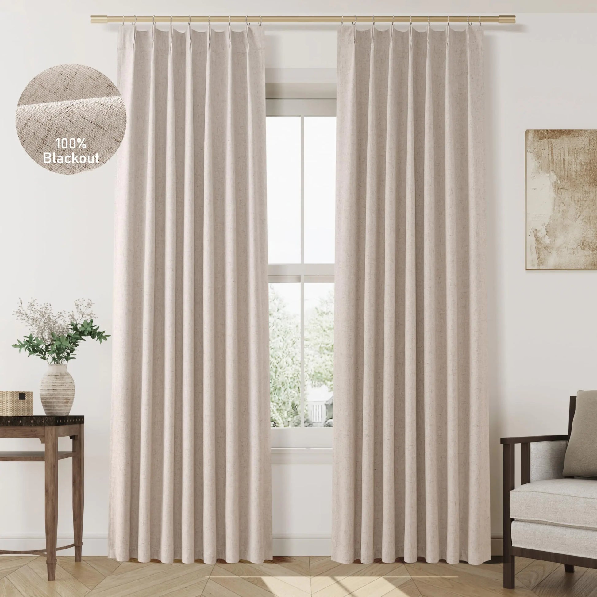 Beige 100% blackout pinch pleat curtains 84 inch hanging in a modern living room