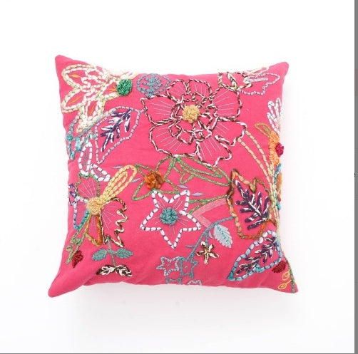 Shopi Vella pink embroidered cushion cover with colorful floral embroidery on soft fabric