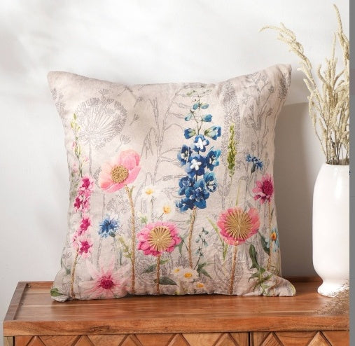 Shopi Vella pink embroidered cushion cover with colorful floral design on beige fabric