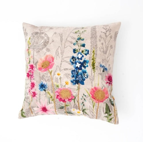 Shopi Vella pink embroidered cushion cover with colorful floral design on beige pillow case