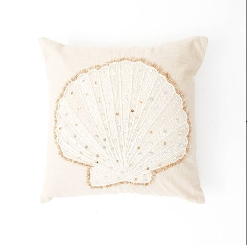 Shopi Vella beige pillow case with shell design and sequins detail pink embroidered cushion cover
