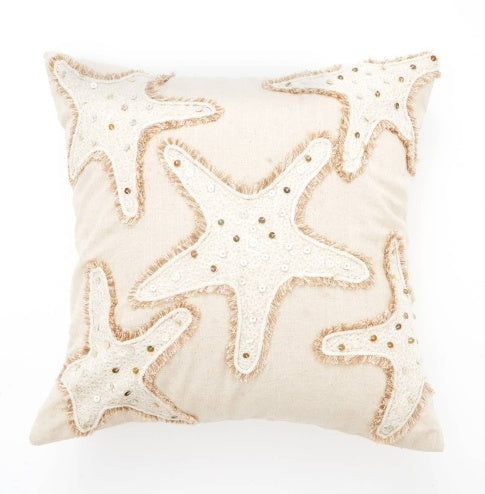 Shopi Vella pink embroidered cushion cover with white starfish design on beige pillow case