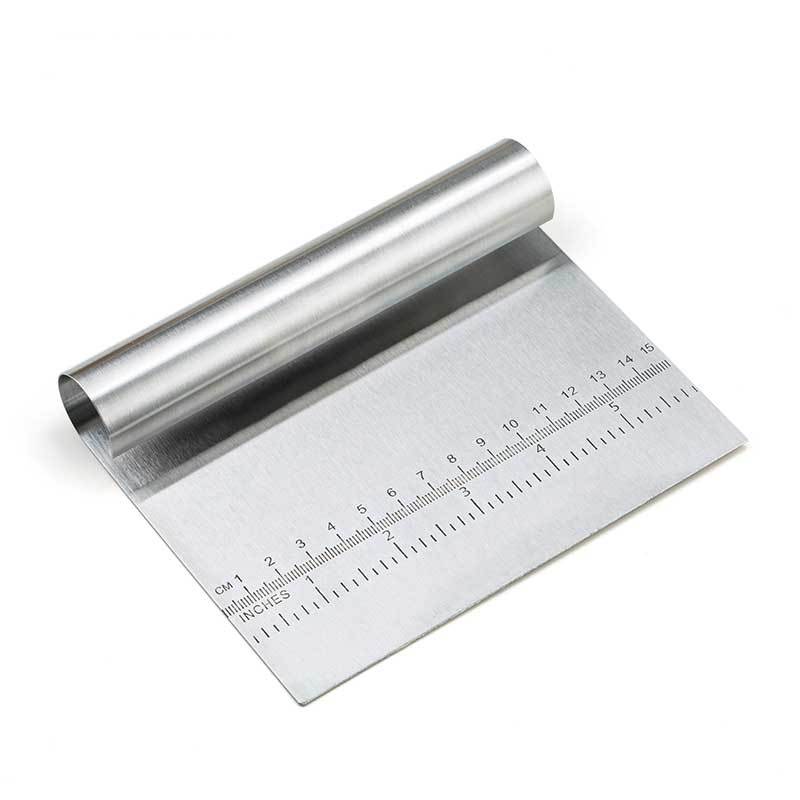 Shopi Vella stainless steel pizza dough cutter tool with measurement markings for kitchen storage