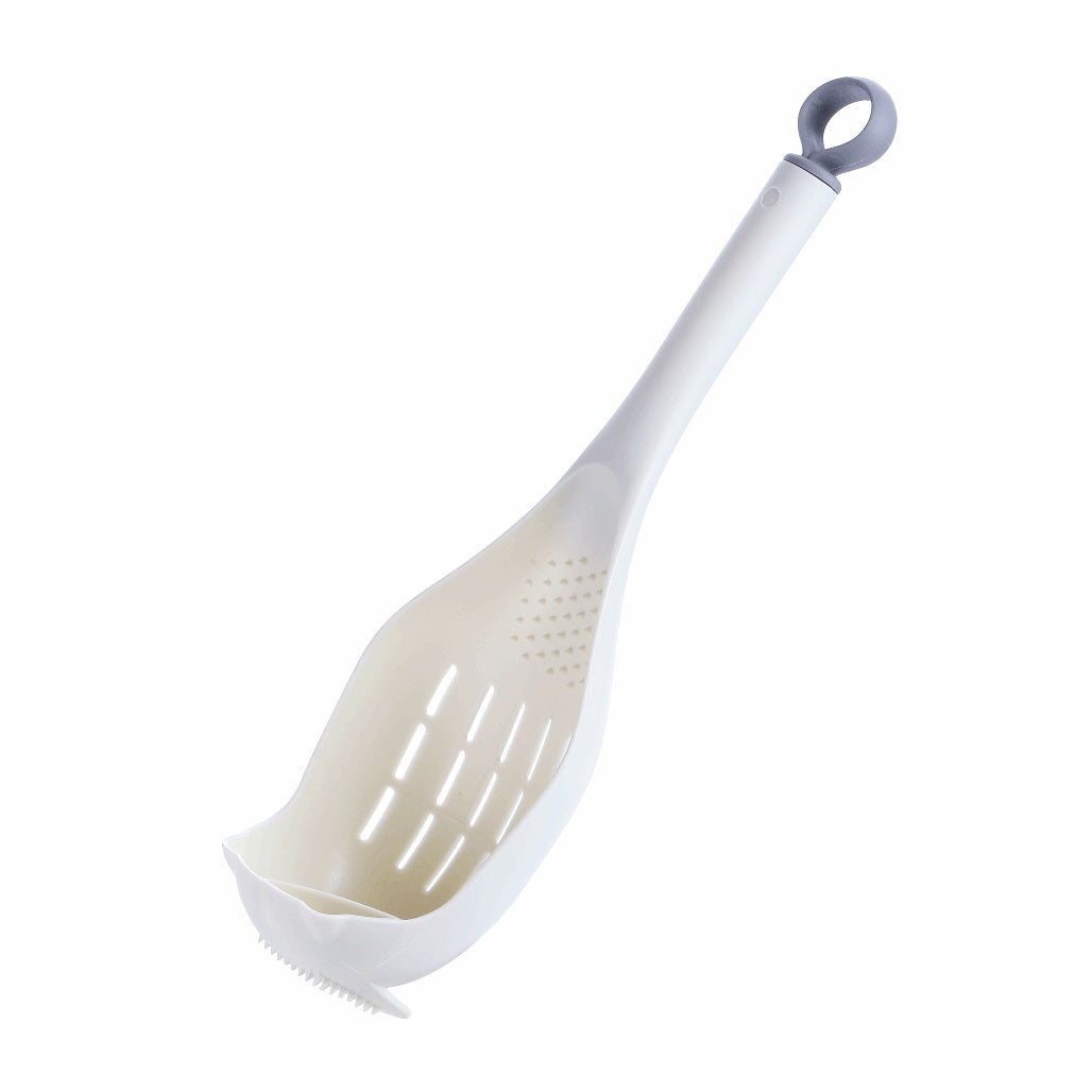 White plastic colander spoon with ergonomic handle and drainage holes for kitchen use