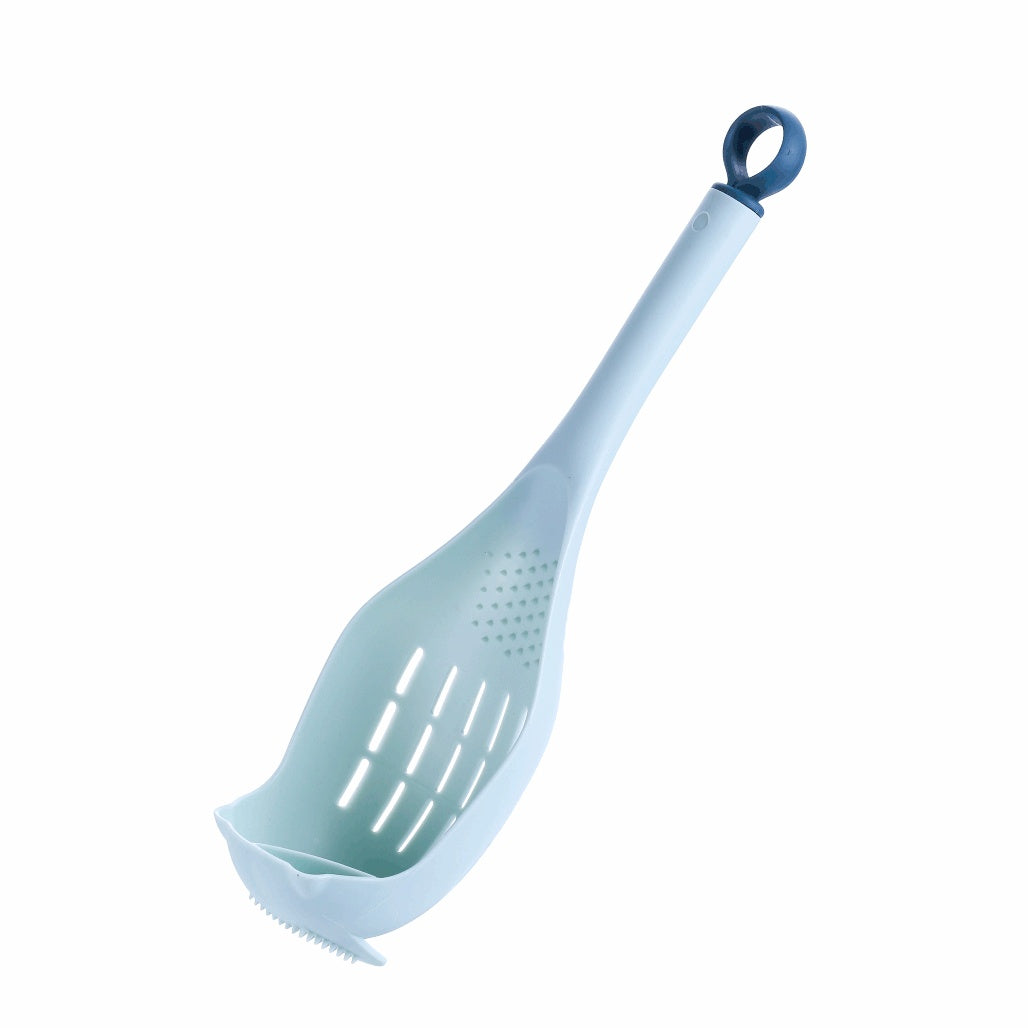Light blue plastic colander spoon with ergonomic handle and draining holes for cooking tasks