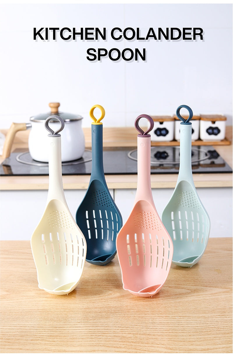 Set of colorful plastic colander spoons for kitchen use displayed on wooden countertop