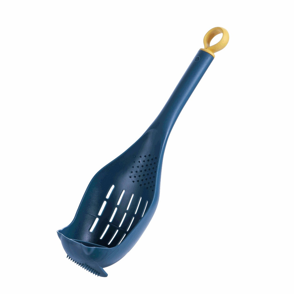 Blue plastic colander spoon with yellow handle loop for easy draining and cooking