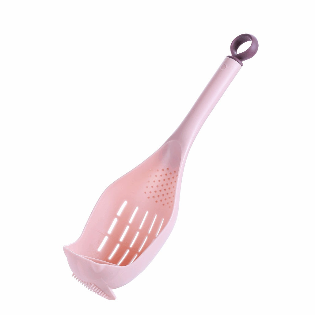 Pink plastic colander spoon with handle and slotted design for draining and serving food