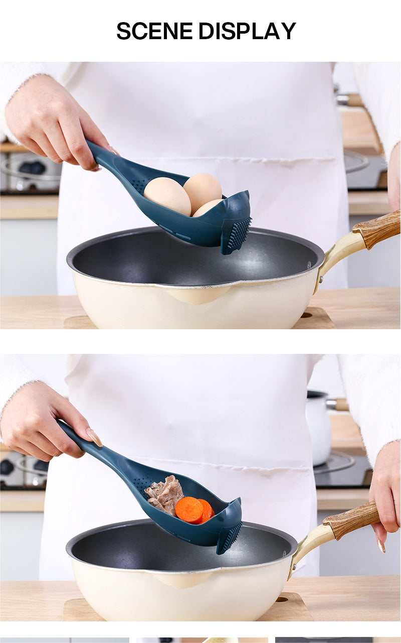 Plastic colander spoon in blue used to scoop eggs and vegetables from a white frying pan