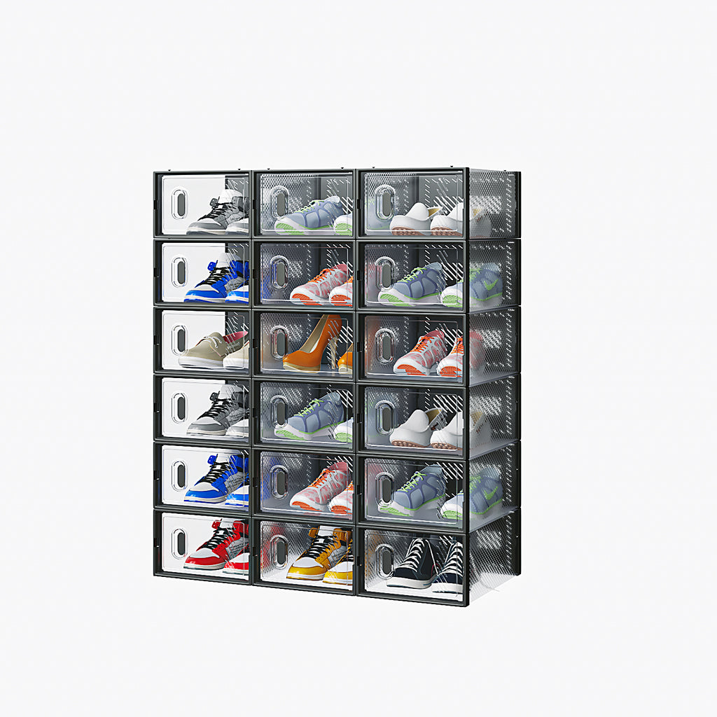 Shopi Vella plastic shoebox organizer set with multiple clear compartments holding various pairs of shoes