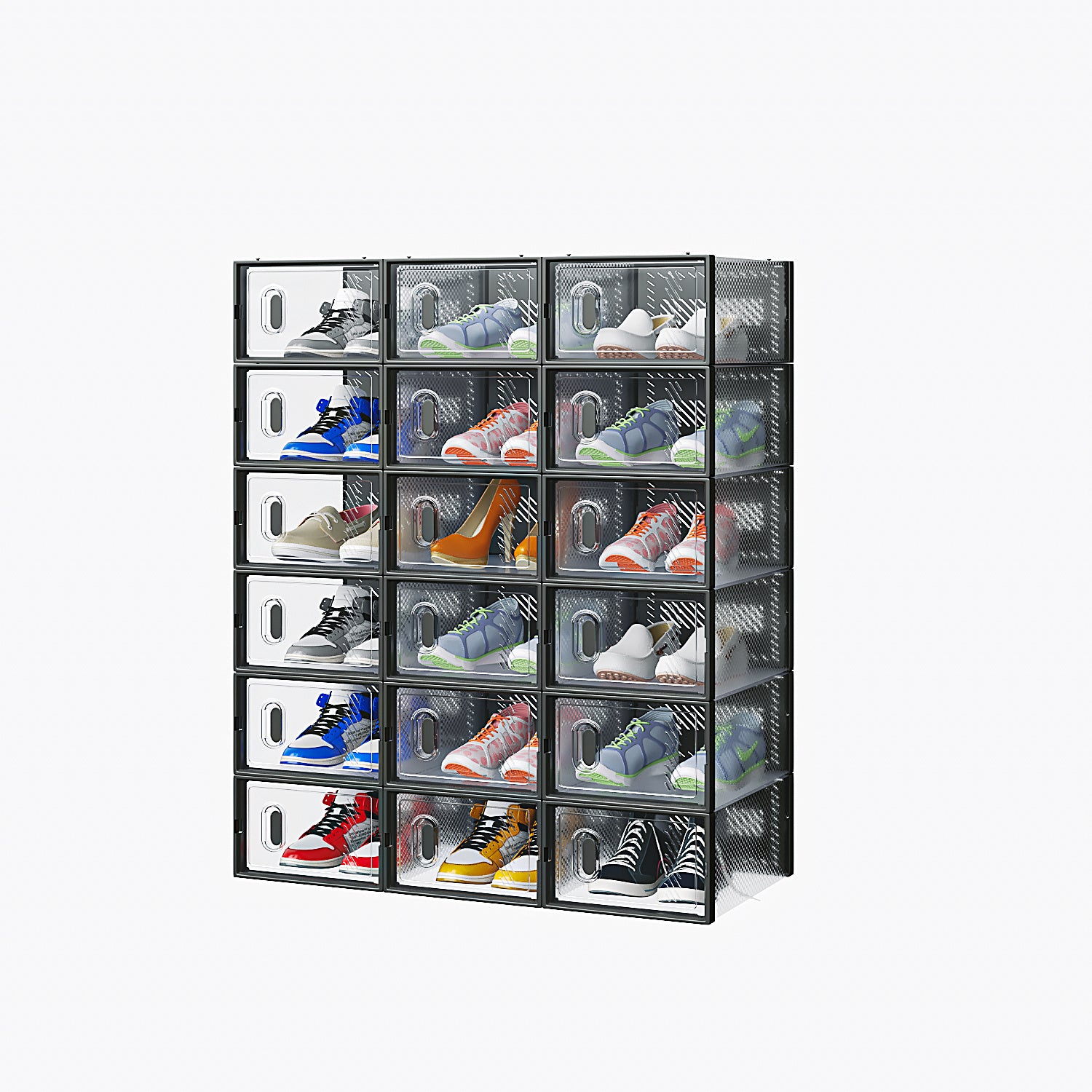 Shopi Vella plastic shoebox organizer set with multiple clear compartments holding various pairs of shoes