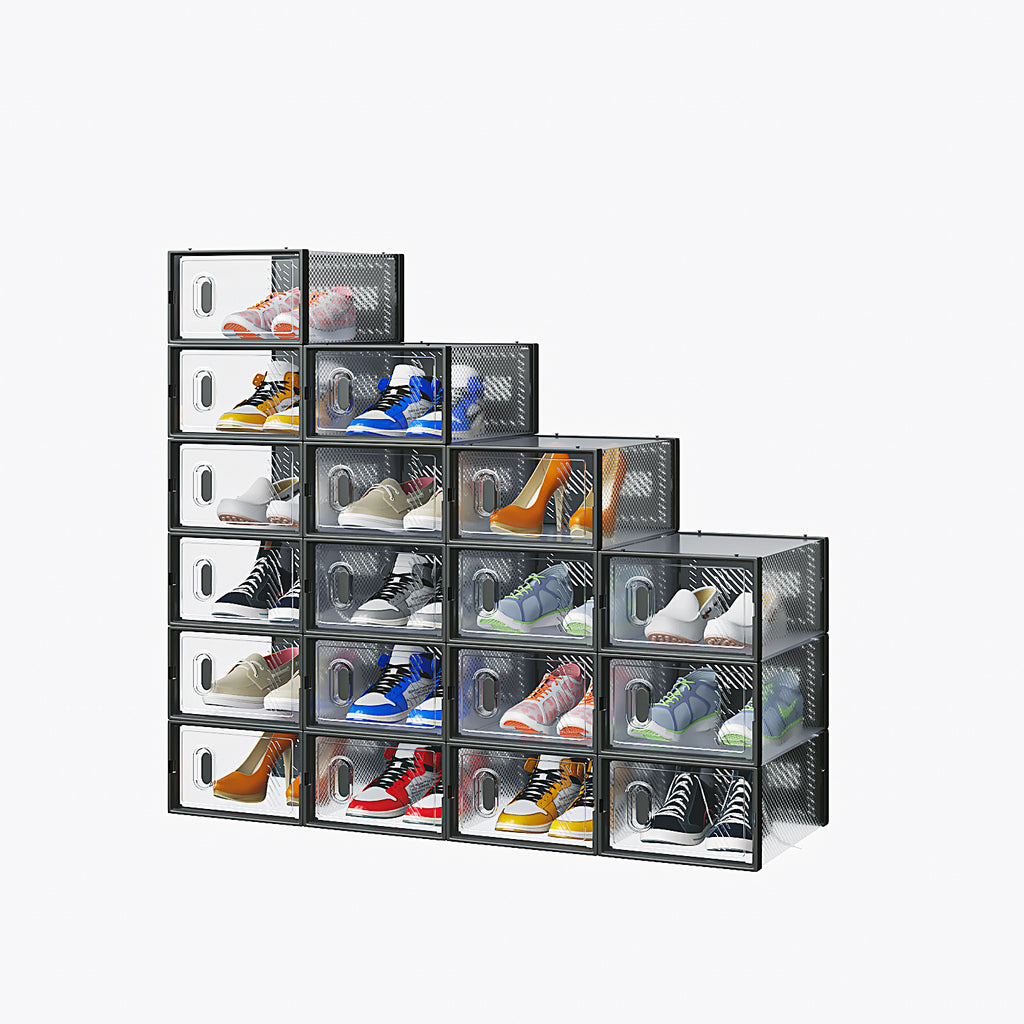 Shopi Vella plastic shoebox organizer set with transparent stacking boxes holding various sneakers