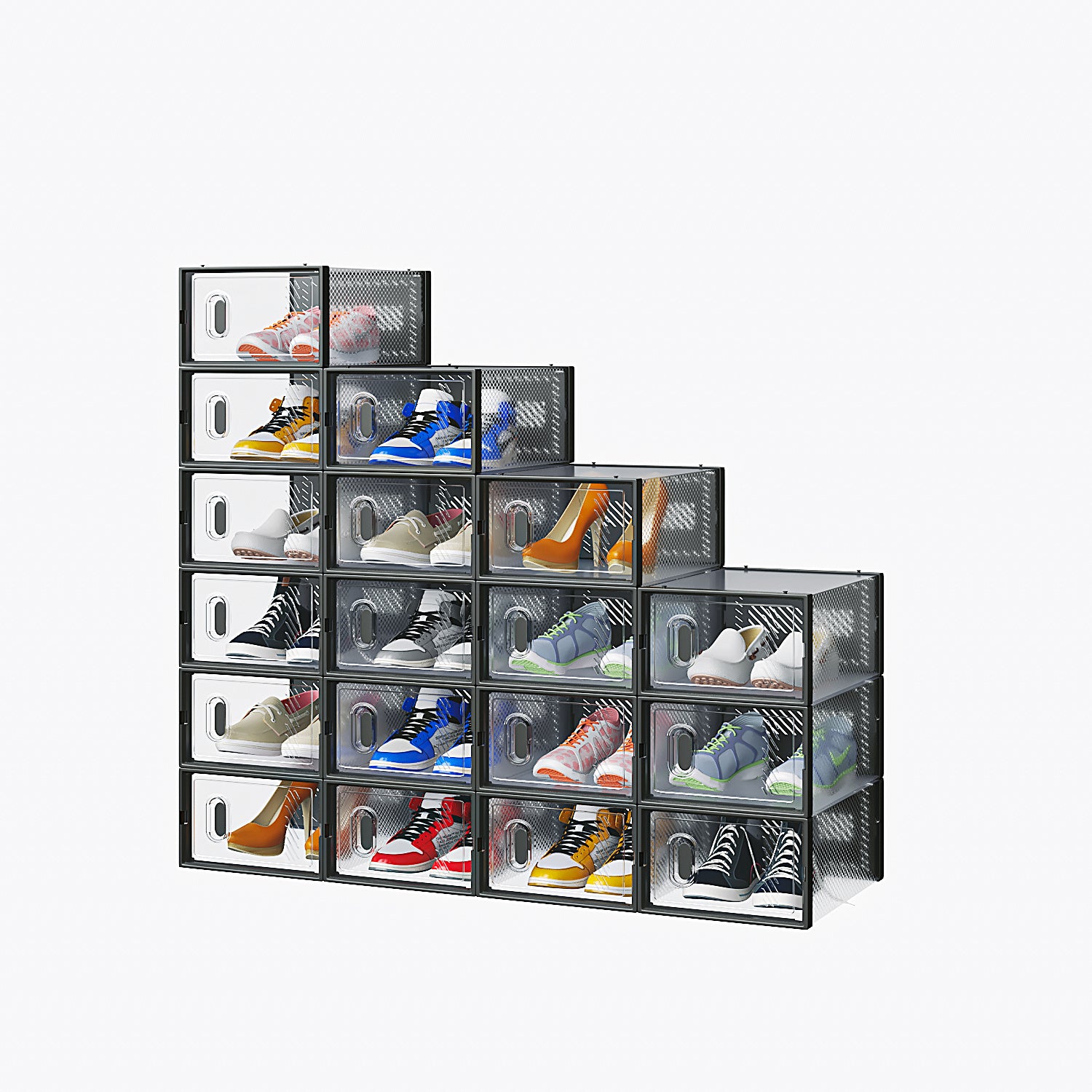 Shopi Vella plastic shoebox organizer set with transparent stacking boxes holding various sneakers