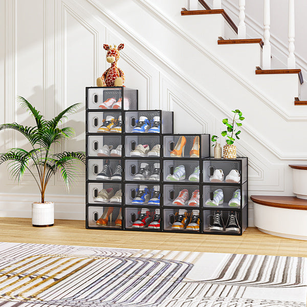 Shopi Vella plastic shoebox organizer set holding various shoes in a modern living space
