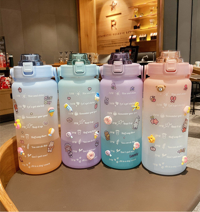Shopi Vella plastic water bottle for daily hydration with colorful motivational designs and secure flip lids