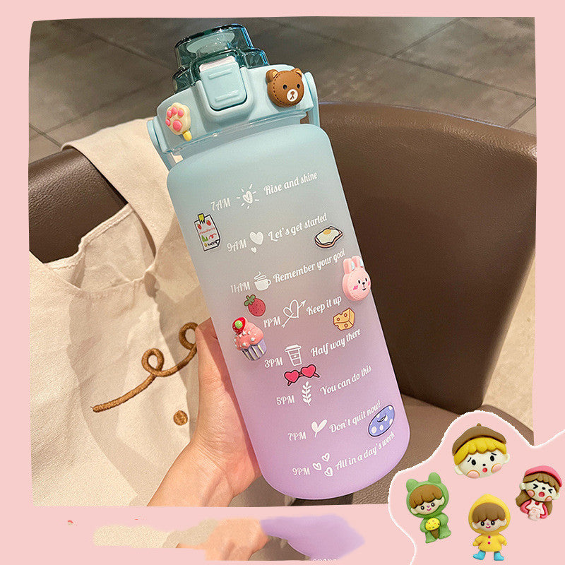 Shopi Vella plastic water bottle for daily hydration with cute animal decorations and timed motivational markings