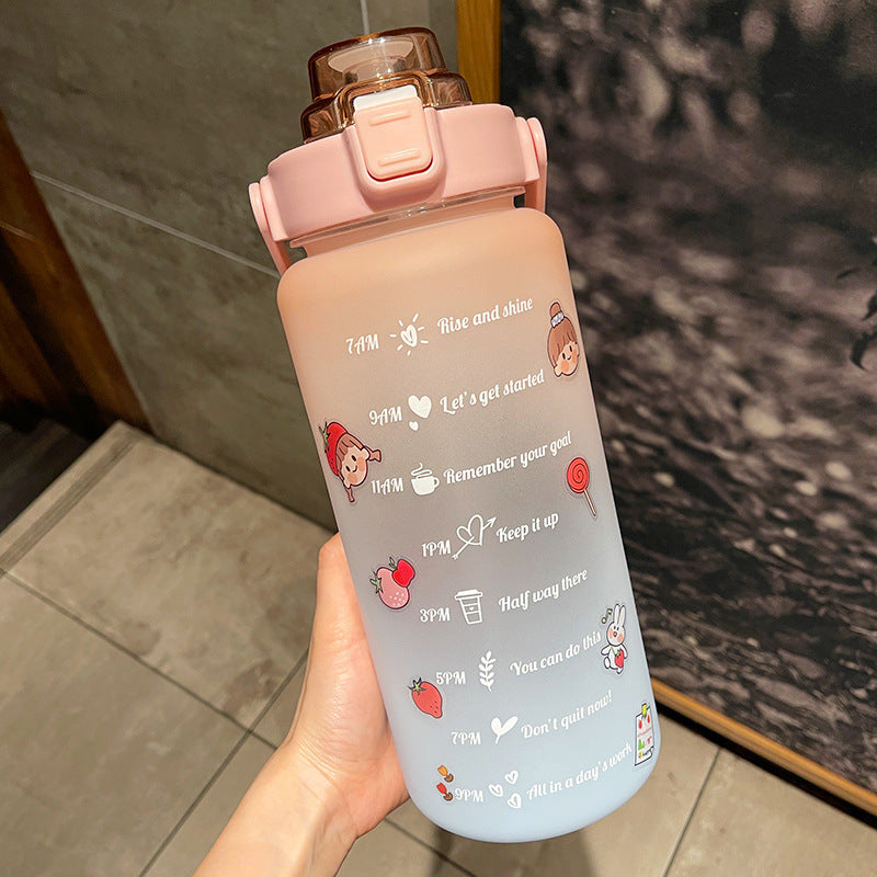 Shopi Vella plastic water bottle for daily hydration with time markers and motivational icons in pink and white