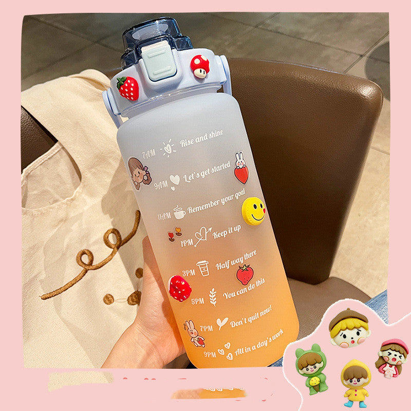 Shopi Vella plastic water bottle for daily hydration with time markers and cute cartoon stickers