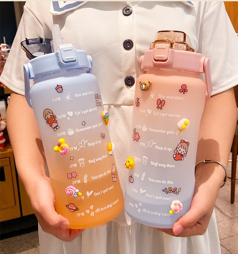 Shopi Vella plastic water bottle for daily hydration with time marker and cute decorations in pastel blue and pink