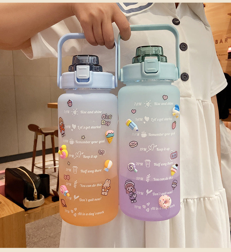 Shopi Vella plastic water bottle for daily hydration with colorful motivational decals and handle