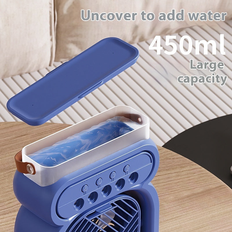 Blue portable air conditioner for home office with 450ml water tank and removable lid