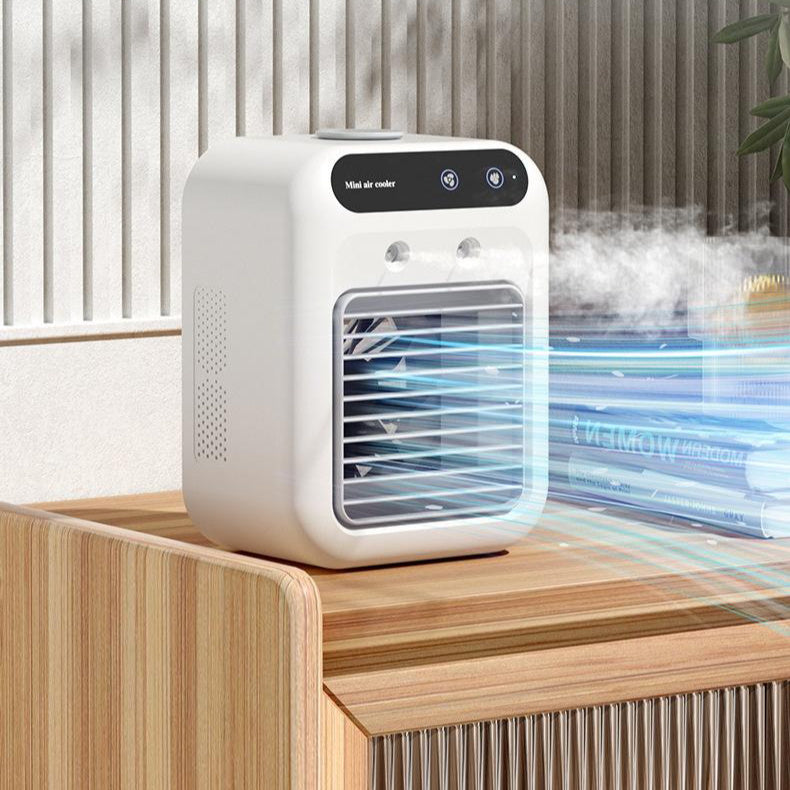 Shopi Vella portable air cooler for room on wooden table dispersing cool air and mist