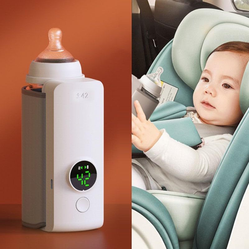 Shopi Vella portable baby bottle warmer with digital display heating a baby bottle next to a baby in car seat