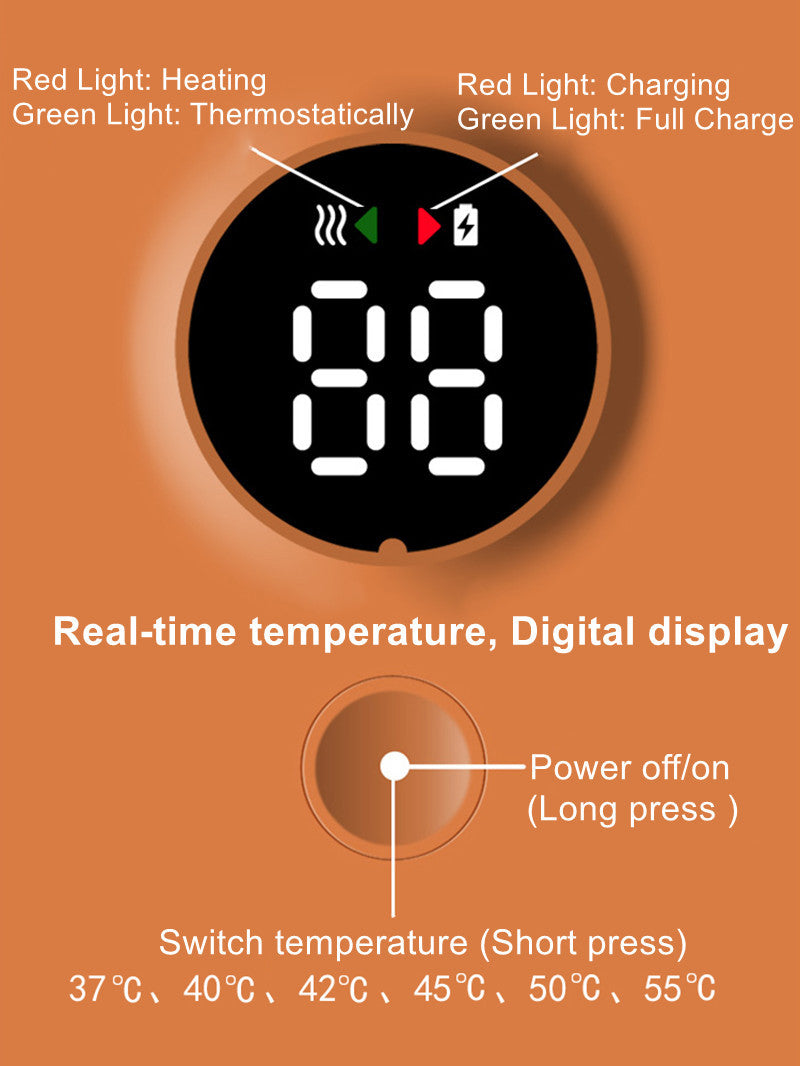 Digital display showing real-time temperature and controls of portable baby bottle warmer with heating and charging indicators