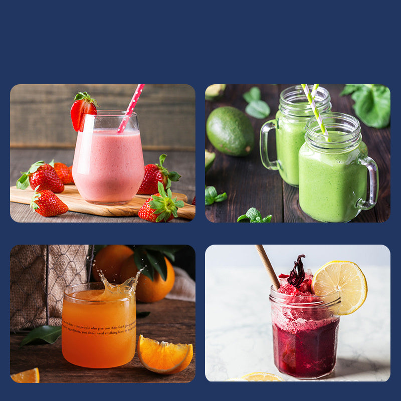 Portable blender for smoothies making strawberry, green, orange, and beet smoothies in various glass jars and glasses