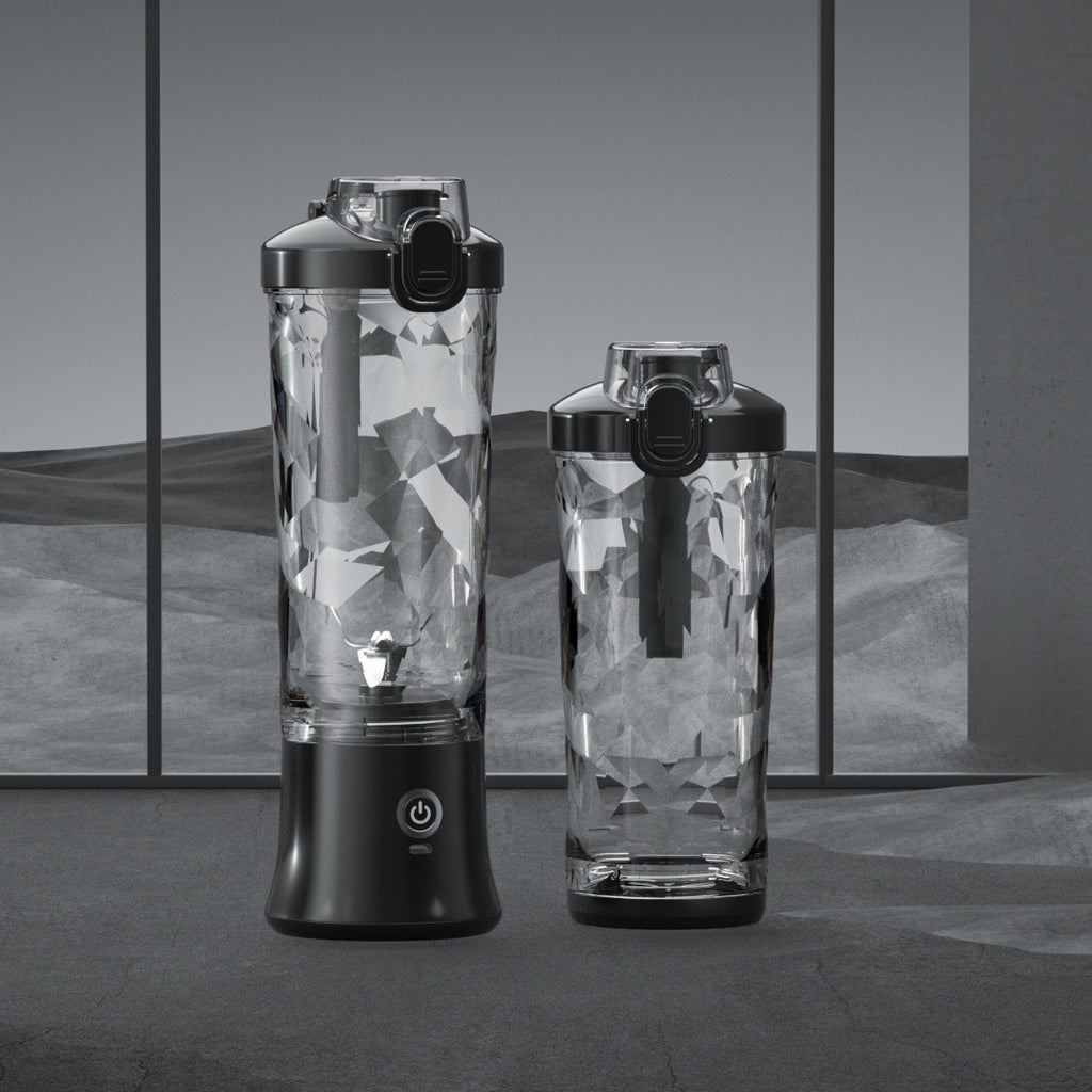 Shopi Vella portable blender for smoothies with modern black base and two clear geometric jars