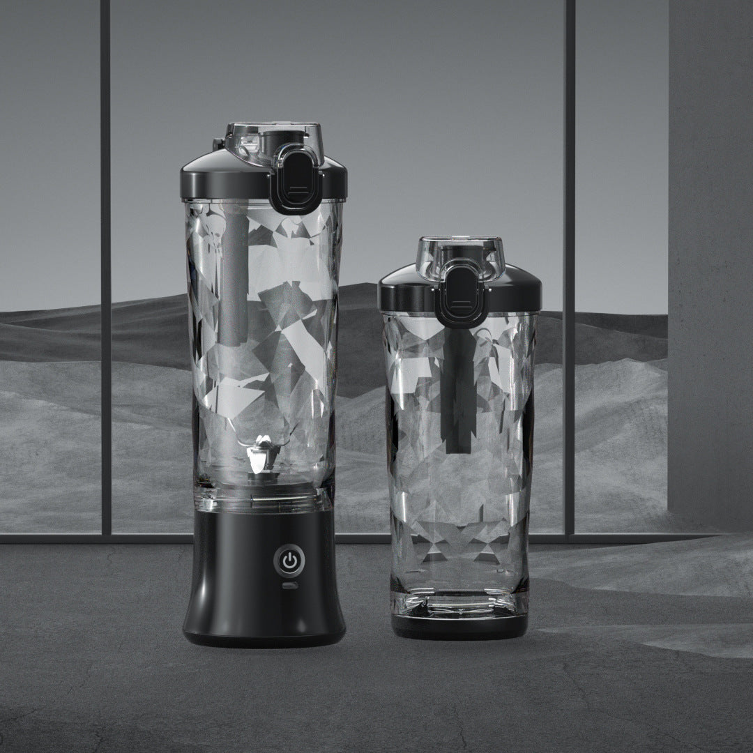 Shopi Vella portable blender for smoothies with modern black base and two clear geometric jars