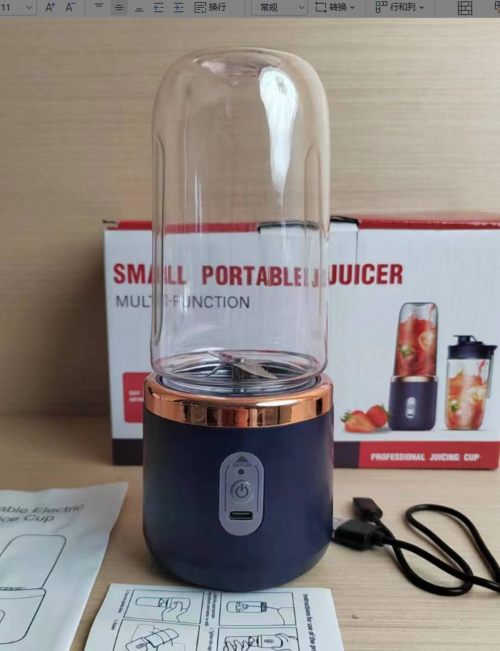 Shopi Vella small portable blender for smoothies in black with rose gold trim and USB charging cable