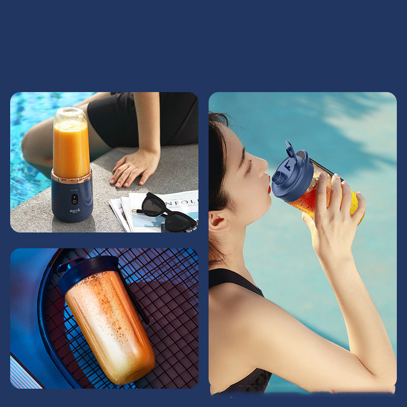 Shopi Vella portable blender for smoothies with navy base blending orange smoothie outdoors