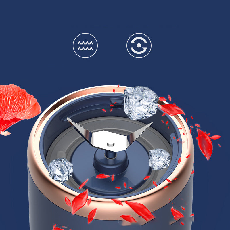 Close-up of Shopi Vella portable blender for smoothies showing sharp stainless steel blades and ice cubes