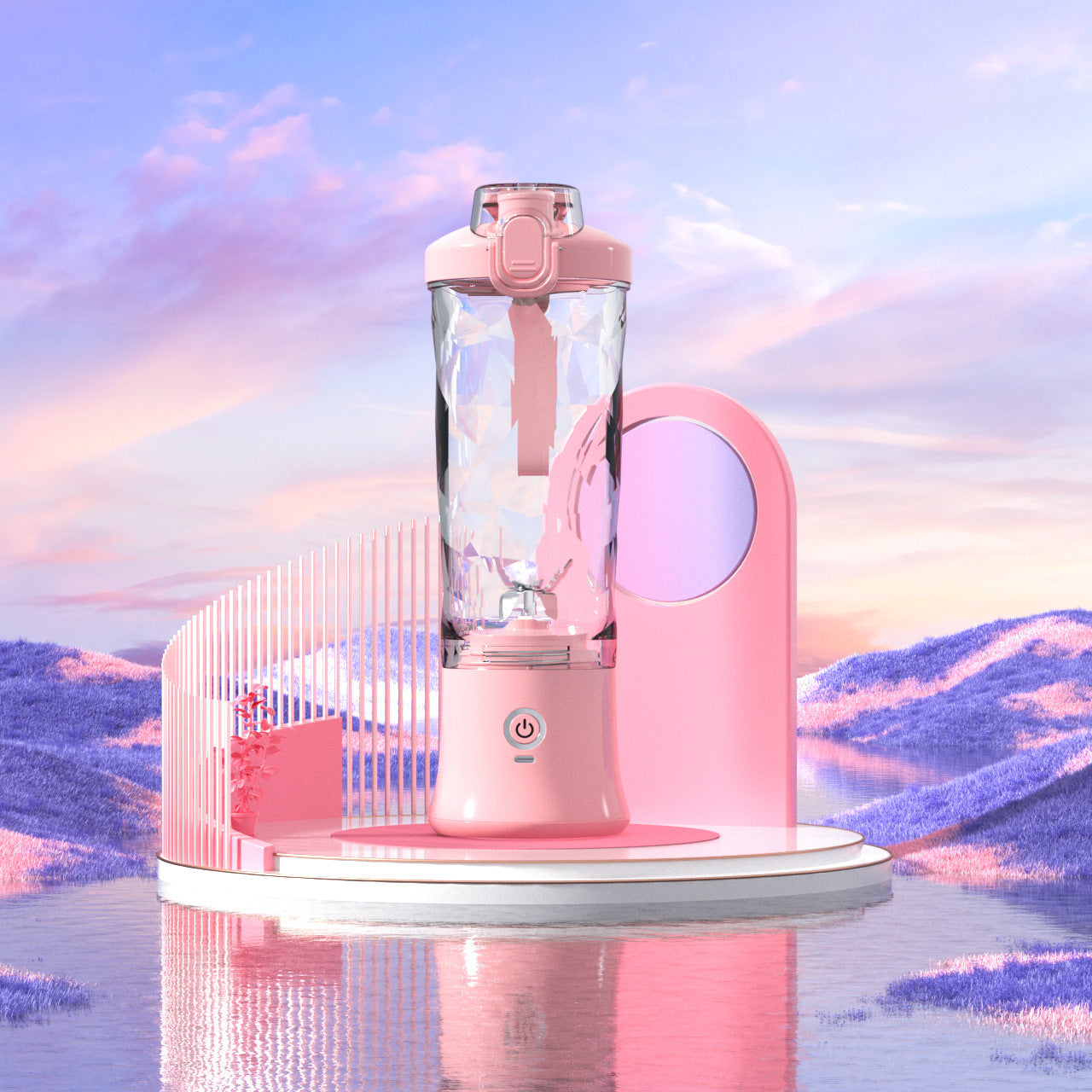Shopi Vella pink portable blender for smoothies with clear bottle and power button on decorative platform